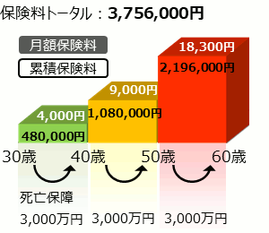 定期保険自動更新 被保険者：30歳、男性 死亡保障：3,000万円 保険期間：10年満了 保険料：4,000円／月 40歳更新保険料：9,000円／月 50歳更新保険料：18,300円／月 累積保険料：3,756,000円