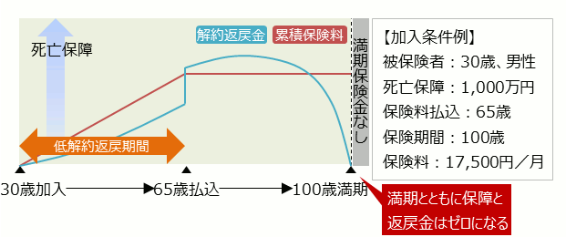 低解約返戻型定期保険加入条件 被保険者：30歳、男性 死亡保障：1,000万円 保険料払込：65歳 保険期間：100歳 保険料：17,500円／月 満期とともに保障と返戻金はゼロになる