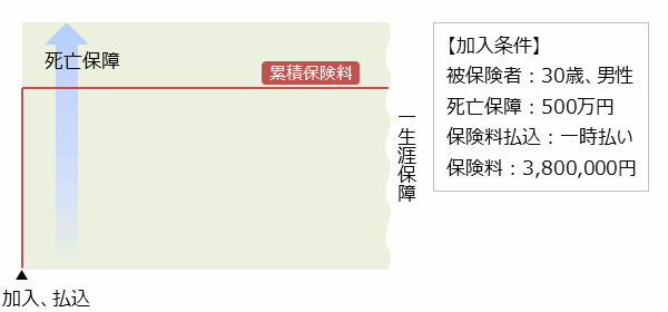 終身保険加入条件 被保険者：30歳、男性 死亡保障：500万円 保険料払込：一時払い 保険料：3,800,000円