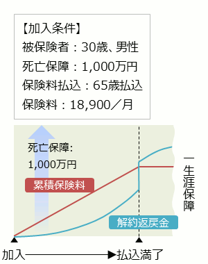 低解約返戻型終身保険加入例 被保険者：30歳、男性 死亡保障：1,000万円 保険料払込：65歳払込 保険料：18,900／月