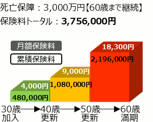 30代更新型定期保険10年満了を60歳まで更新したときの保険料
